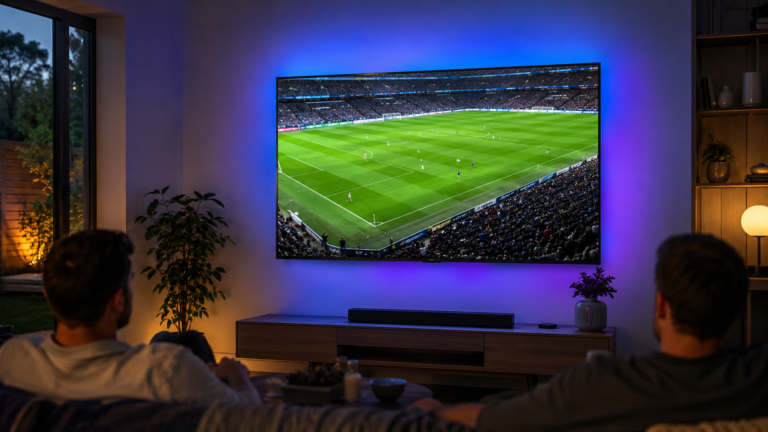IPTV football match streaming in 4K on a smart TV while a fan watches at home in the UK