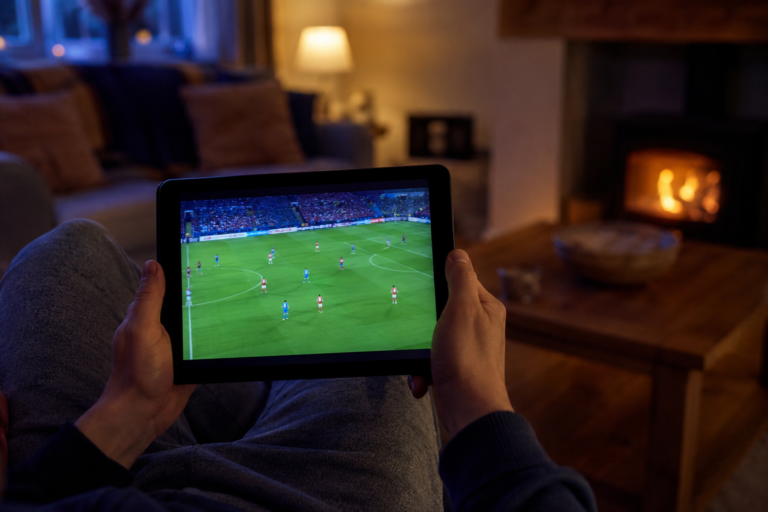 Friends watching live sport on a smart TV without a Sky TV satellite dish in a UK living room