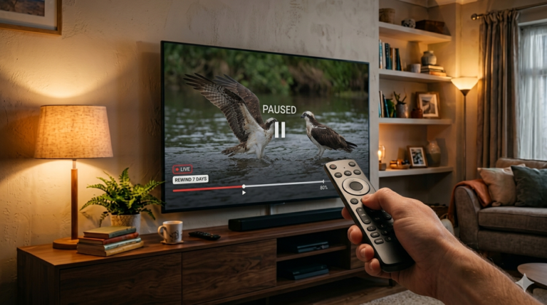 Modern Smart TV in a UK living room displaying a clean dark catch-up TV home screen with rows of programme tiles organised by date