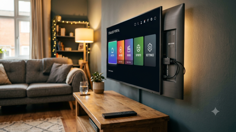 Chromecast streaming dongle connected to a Smart TV showing an IPTV home interface with category tiles in a UK living room