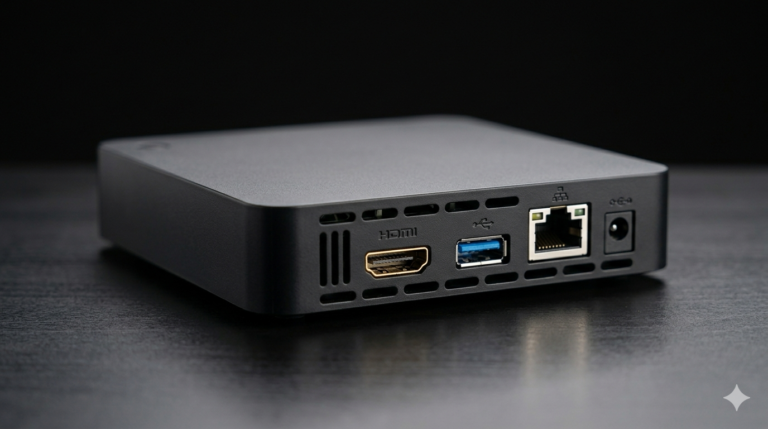 Black MAG-style IPTV set-top box on a wooden TV stand connected to a Smart TV showing a clean IPTV portal home screen in a cosy UK living room