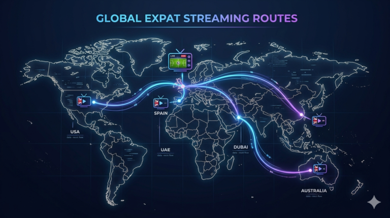 World map showing UK TV streaming reach to expats in Spain Dubai Australia and USA