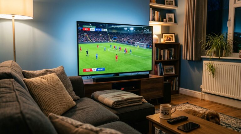 Generic football match between a red team and a blue team playing on a large Smart TV in a cosy UK living room with a sofa and cushions