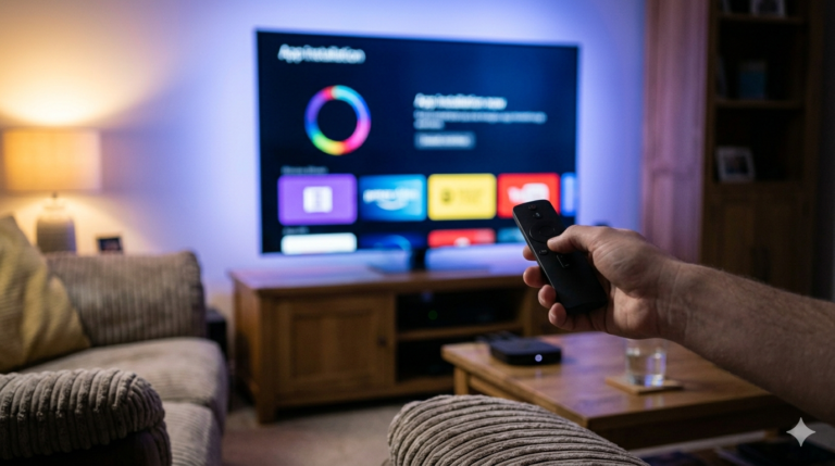 Android TV box IPTV connected to a Smart TV and Wi-Fi router for streaming