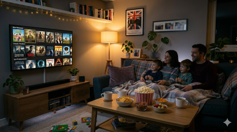 Family watching IPTV movies and box sets on a smart TV during a cosy film night in the UK