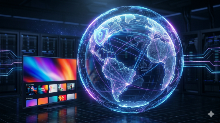 Encrypted VPN tunnel protecting an IPTV UK stream between a smart TV and a secure server