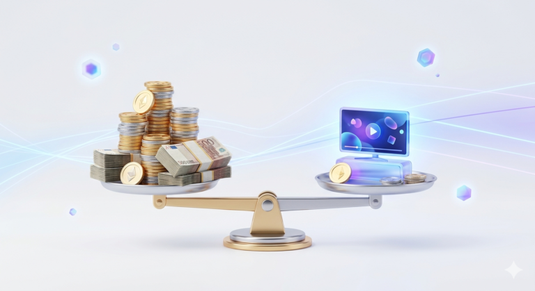 : Cost comparison of IPTV vs cable TV shown as a balance scale with money and a streaming TV