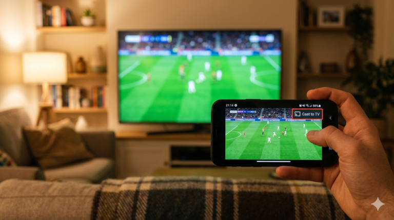 Apple TV streaming puck connected to a Smart TV showing IPTV home menu with category tiles in a modern UK living room