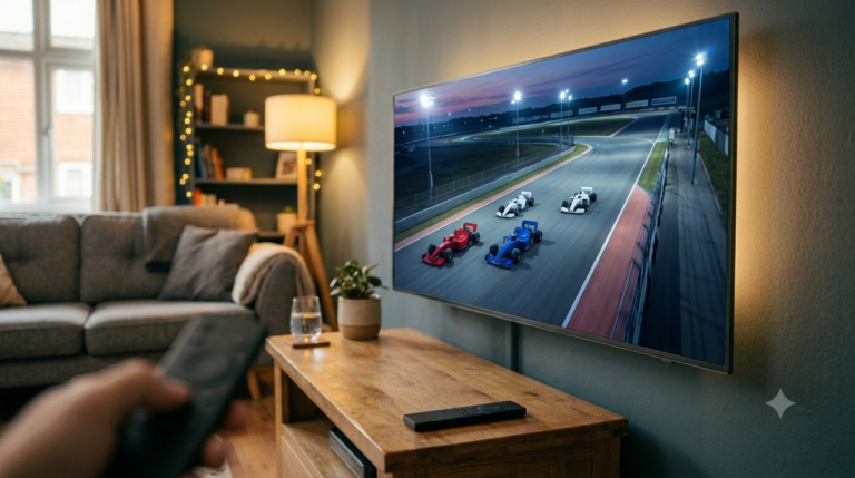 Modern Smart TV in a UK living room displaying a live IPTV F1 race with timing overlay and generic single-seater cars on a circuit