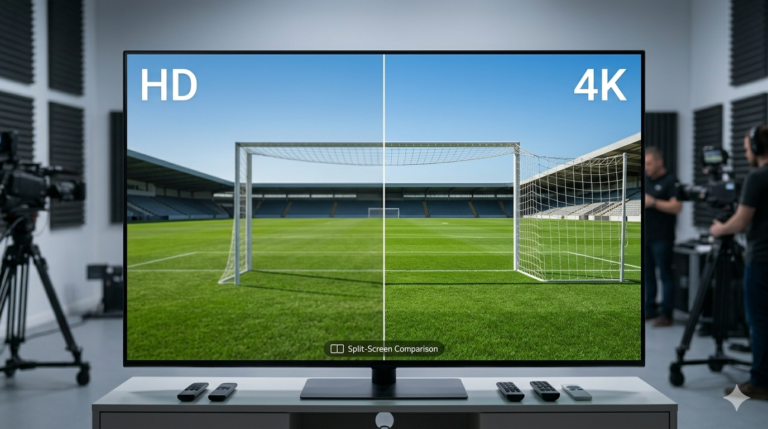 Modern Smart TV in a UK living room displaying a stunning 4K Ultra HD landscape with mountains and a sunset lake, showing crisp ultra HD picture quality