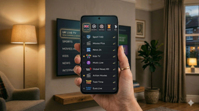 IPTV channels list displayed on a smart TV featuring sports, movies, news, and entertainment content.