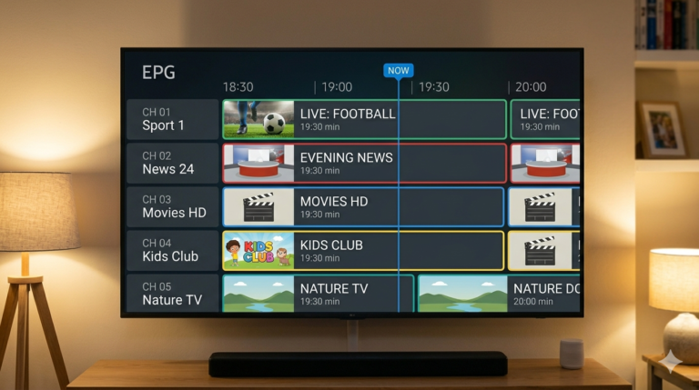 Modern Smart TV in a UK living room displaying a full EPG grid with generic channels and time slots in warm evening lighting
