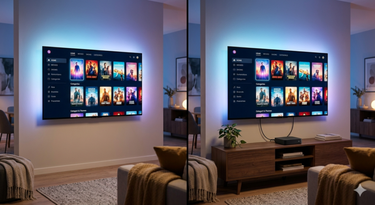IPTV stream app running on a smart TV in a modern UK living room