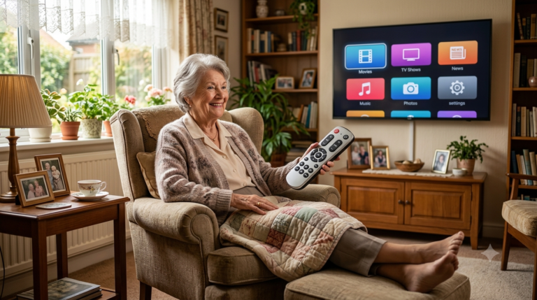 Elderly hands holding a large-button remote control to set up IPTV for elderly viewers in a cozy living room