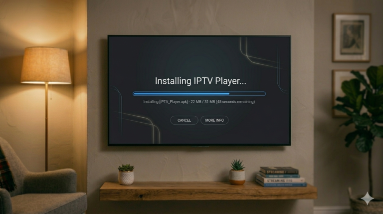 IPTV app interface on Firestick streaming live TV channels on a smart television.
