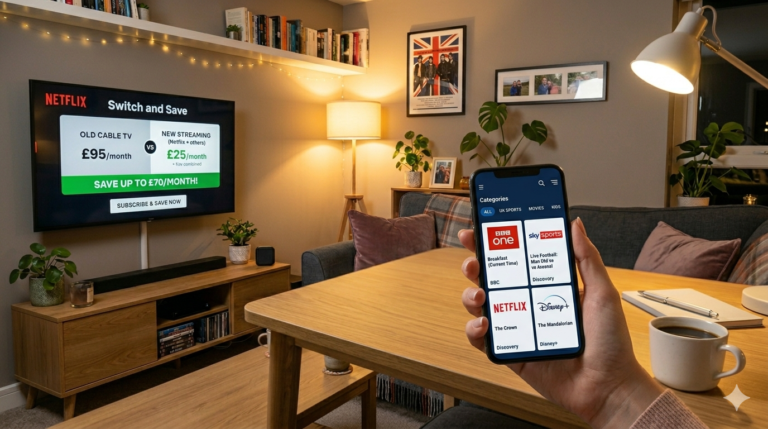 Hand holding a smartphone showing a cheap IPTV UK app with live channels