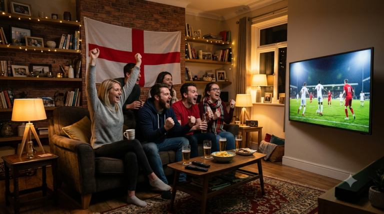 Watch England's World Cup matches setup with flags and a streaming app on a smartphone