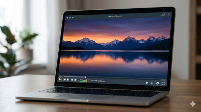 : Modern laptop on a wooden desk displaying a VLC-style media player playing a generic nature scene with mountains and lake at sunset, in a bright home office