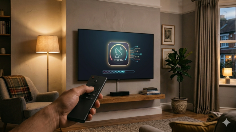 Samsung Smart TV streaming live IPTV channels in a modern living room with comfortable seating and ambient lighting.