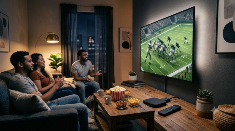 Floodlit American football stadium at night viewed alongside a streaming device and TV displaying live sports apps for IPTV NFL UK