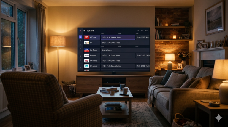 Modern Smart TV in a cosy UK living room displaying a clean dark IPTV player interface with channel grid and EPG timelin