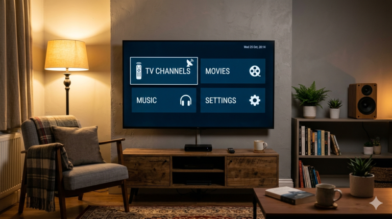Modern Smart TV in a cosy UK living room displaying a clean dark media centre interface with category tiles for TV Channels, Movies, Music and Settings