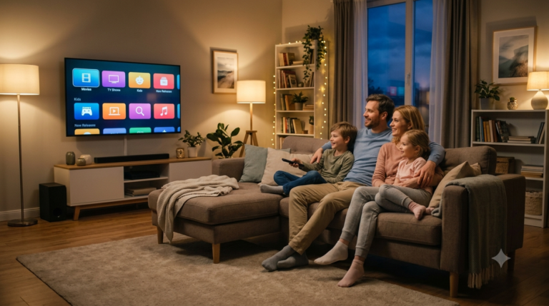 Family relaxing together on a couch watching a streaming app on a wall-mounted TV, representing IPTV subscription cost value for households