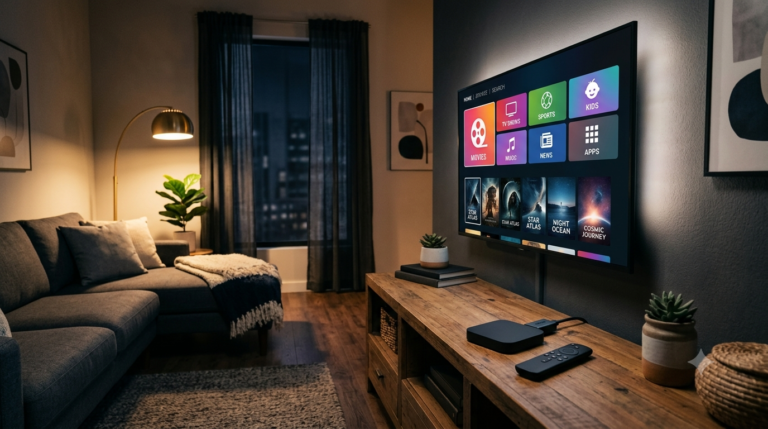 IPTV Roku setup showing a streaming media stick plugged into a TV HDMI port in a UK living room