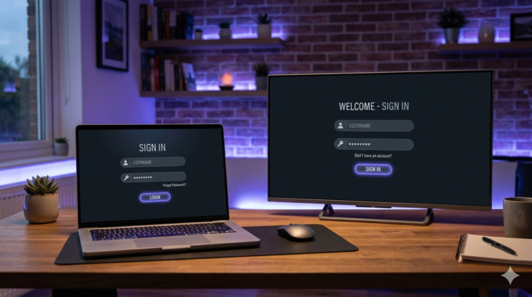 Laptop and Smart TV displaying IPTV login screens side by side with username and password fields on a clean desk