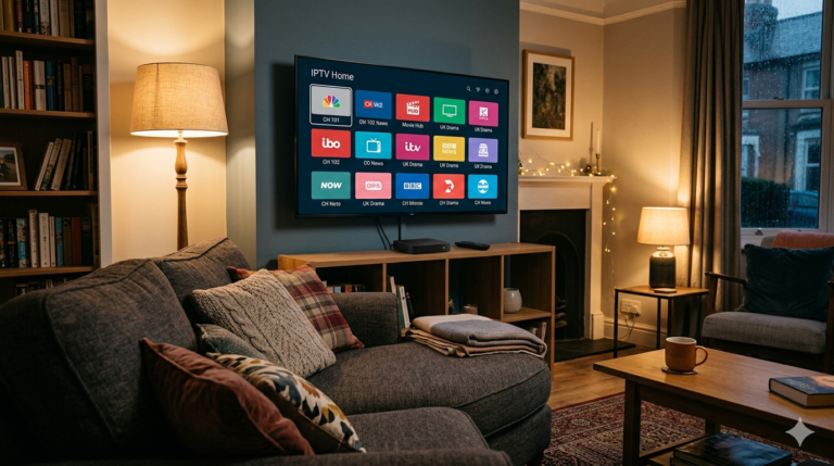 Modern UK living room with a small black IPTV streaming box on a wooden TV stand connected to a Smart TV showing a colourful channel grid