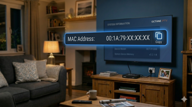 Close-up of the back of a black IPTV set-top box showing the Ethernet, HDMI and power ports with a white sticker displaying the MAC address 00:1A:79:XX:XX:XX and a barcode