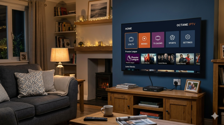 Black IPTV set-top box connected to a Smart TV showing a Stalker portal home screen with Live TV, Movies, Series and Settings tiles in a cosy UK living room