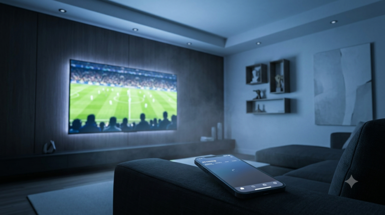 IPTV Champions League match on a smart TV with a phone showing a streaming app