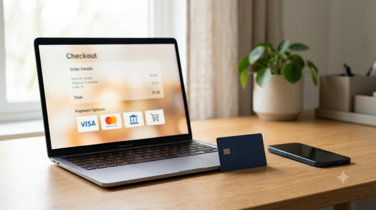 IPTV payment methods shown as options on a laptop checkout screen with a bank card beside it