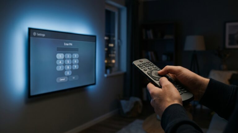 Parent and child watching a kids streaming interface on TV showing how IPTV parental controls create a safe viewing environment