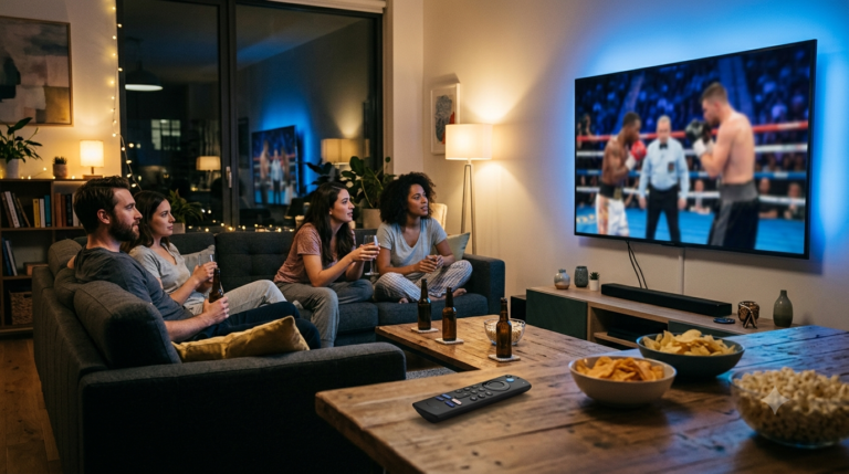 IPTV boxing streamed on a large smart TV while friends watch in a living room