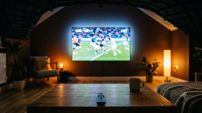 IPTV rugby streaming on a smart TV in a modern living room with a Firestick remote
