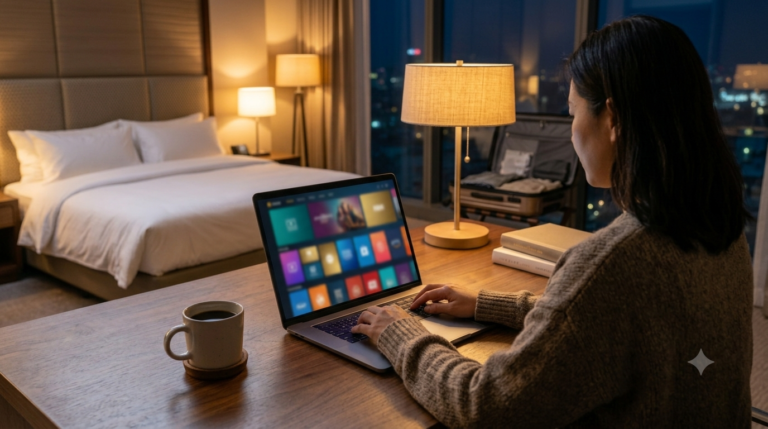 Tablet showing a colourful IPTV streaming interface on a hotel room desk with a laptop nearby and city lights visible through the window at night