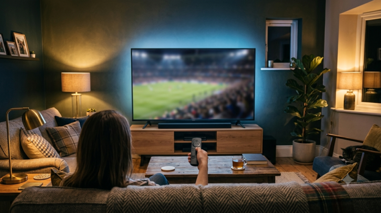 IPTV sports UK streaming on a living room smart TV with a remote in hand