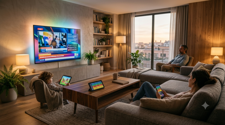 Living room with a Smart TV tablet and smartphone all showing different streaming interfaces simultaneously for IPTV multiscreen viewing