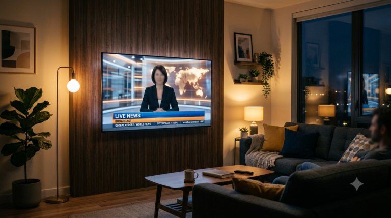 Tablet showing a grid of colourful IPTV news channel icons on a coffee table with a TV displaying a news broadcast in the background