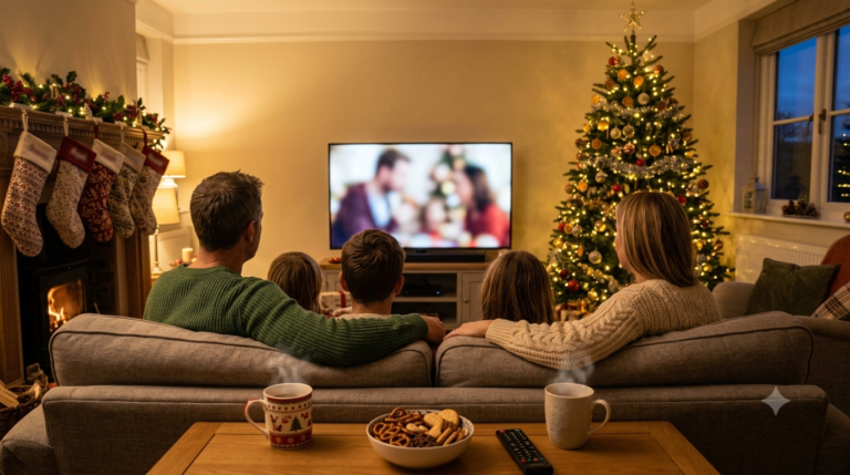 Family watching a festive film together on a large TV beside a Christmas tree