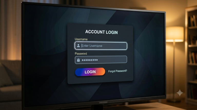 Tablet and smartphone on a wooden table both showing an IPTV login screen with username and password fields