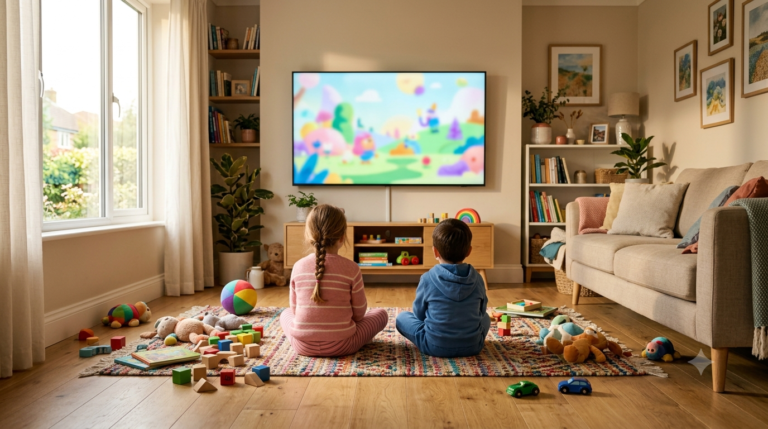 IPTV kids channels menu shown on a family living room TV with a parental control lock icon