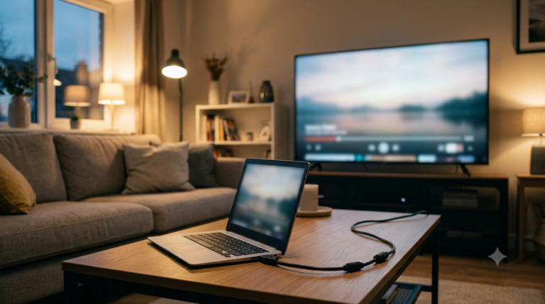 Chromebook connected to a television by HDMI cable showing a mirrored video stream