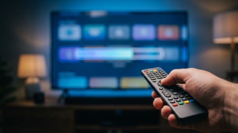 IPTV app update in progress shown by a loading bar on a television screen