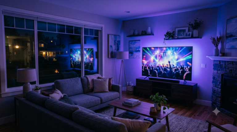 IPTV music channels grid displayed on a smart TV with a remote in the foreground