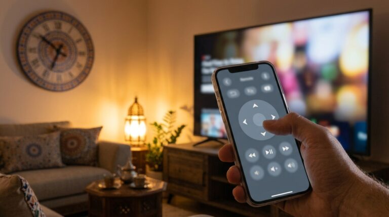 IPTV remote app open on a phone with a television blurred in the background